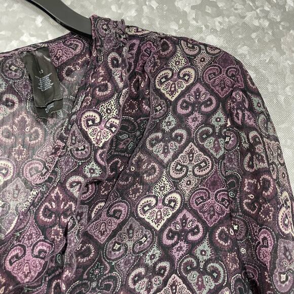 Axcess Purple Paisley Semi Sheer Ruffle Front Blouse - Size 12 - Long Sleeve Top - Picture 2 of 7